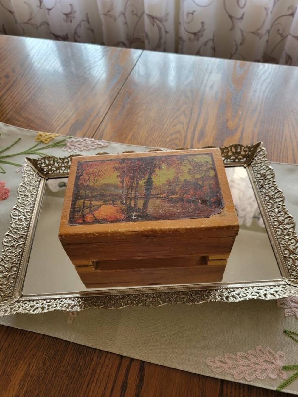 Vintage Wooden Jewelry Box Autumn Cottage Landscape Decoupage Trinket Keepsake